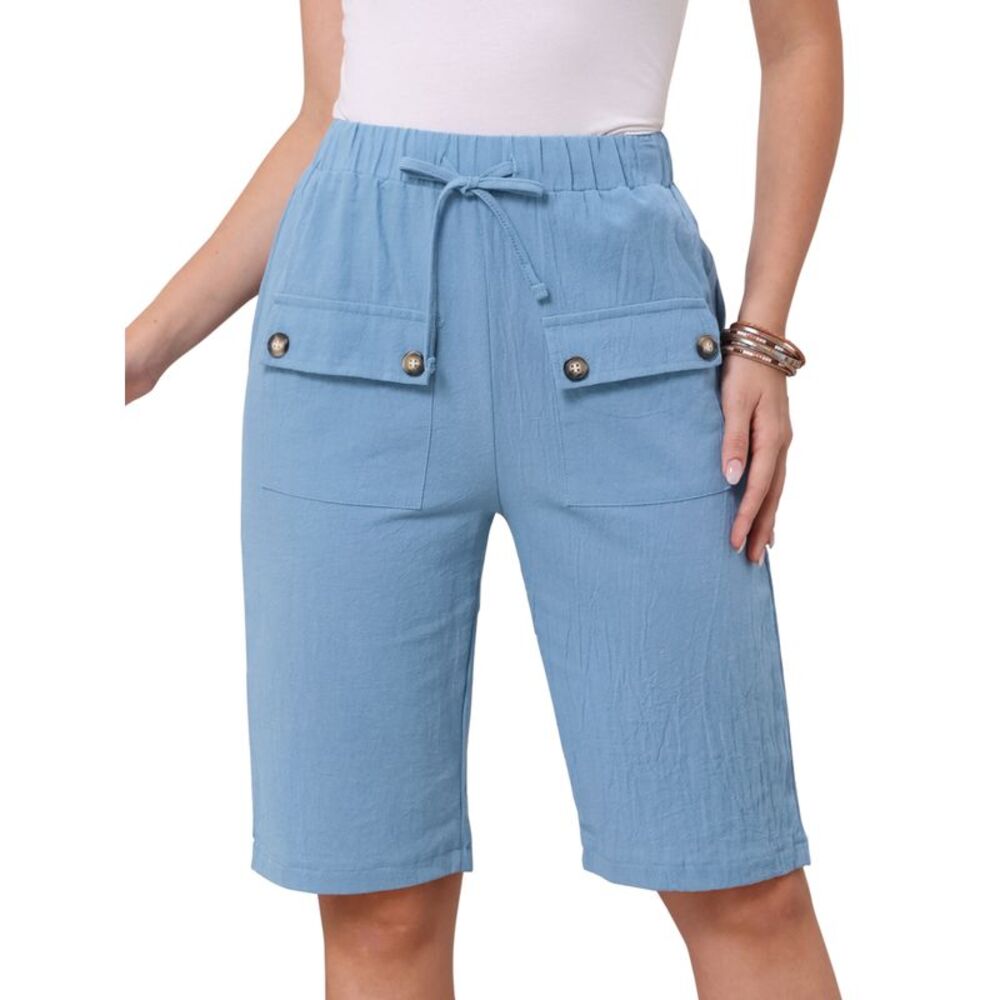 Women Casual Keen Length Elastic Waist Drawstring Pockets Shorts Blue